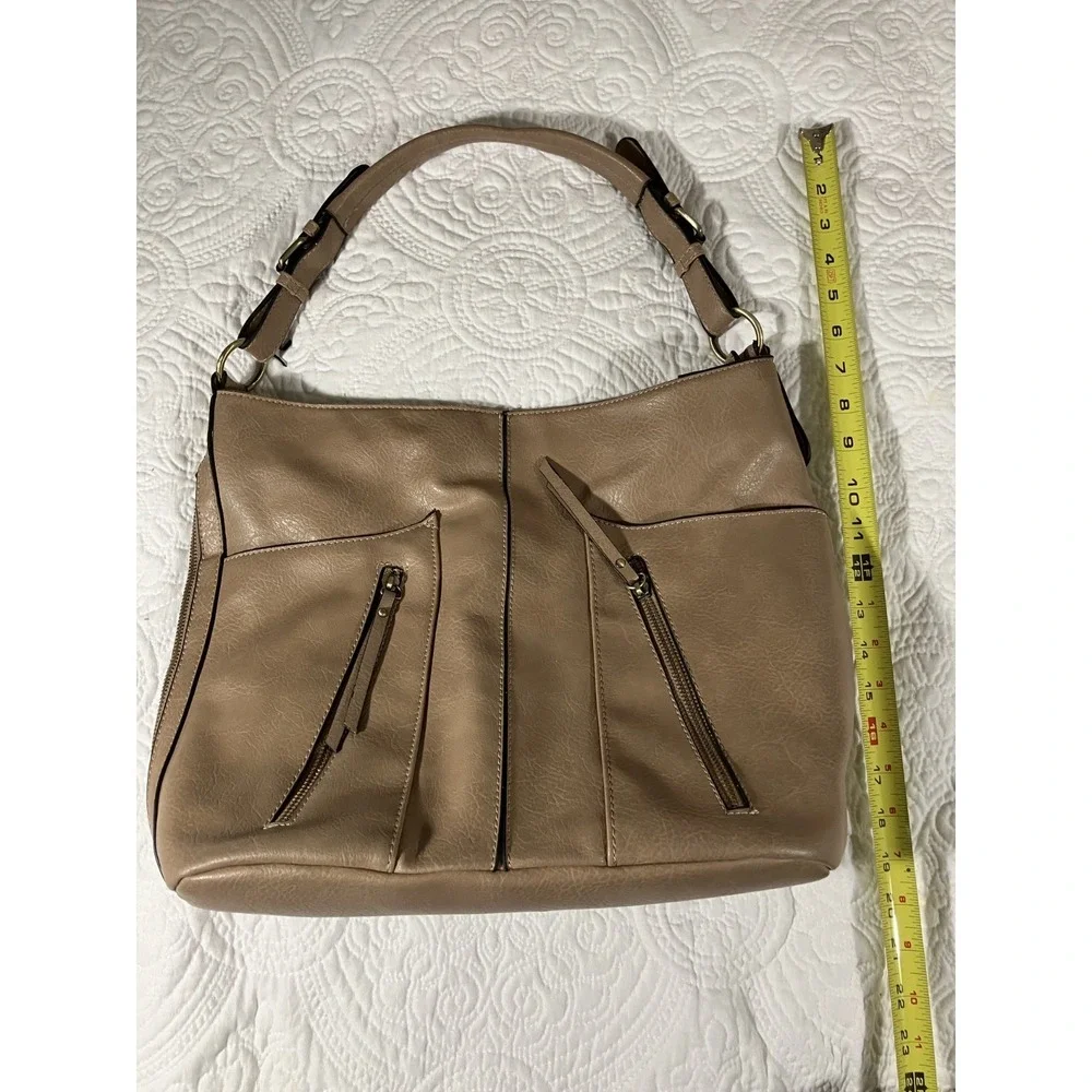 Le Miel Vegan Leather Purse Tote Shoulder Bag Women's Beige Multiple Pockets